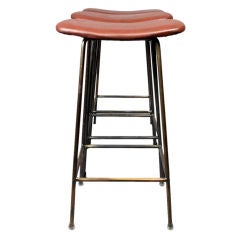 Set of 3 bronze and leather bar stools