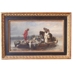 Antique Oil on Canvas Painting of Hunters on a Barge