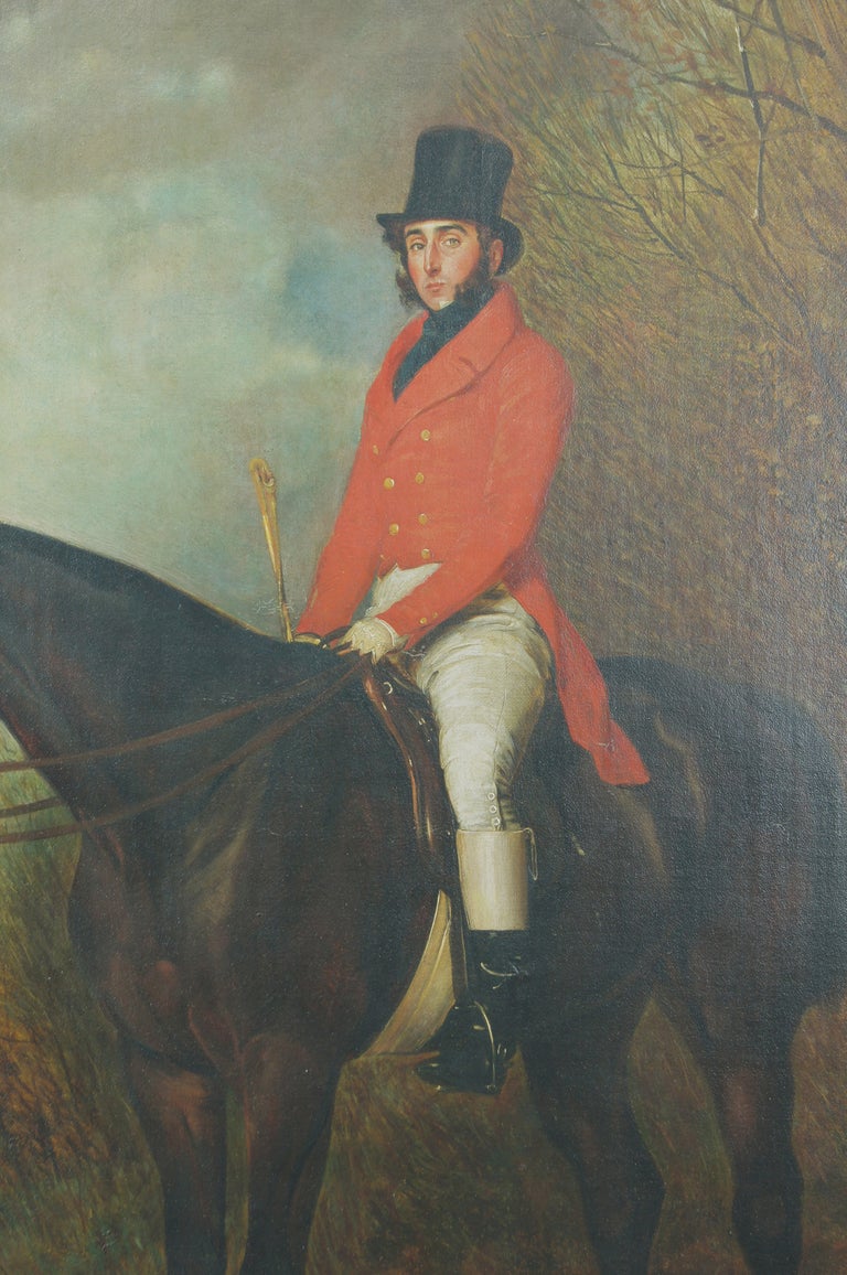 An expertly painted oil on canvas portrait of a young gentleman on his dark chestnut horse in a landscape attributed to Richard Barret Davis (1782-1854). Davis was known for his many commissions from the aristocracy and gentry of England's Golden