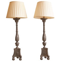 Pair of Large Pewter Altarstick Lamps