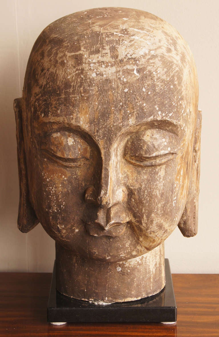 20th Century Large Carved Wood Buddha Head