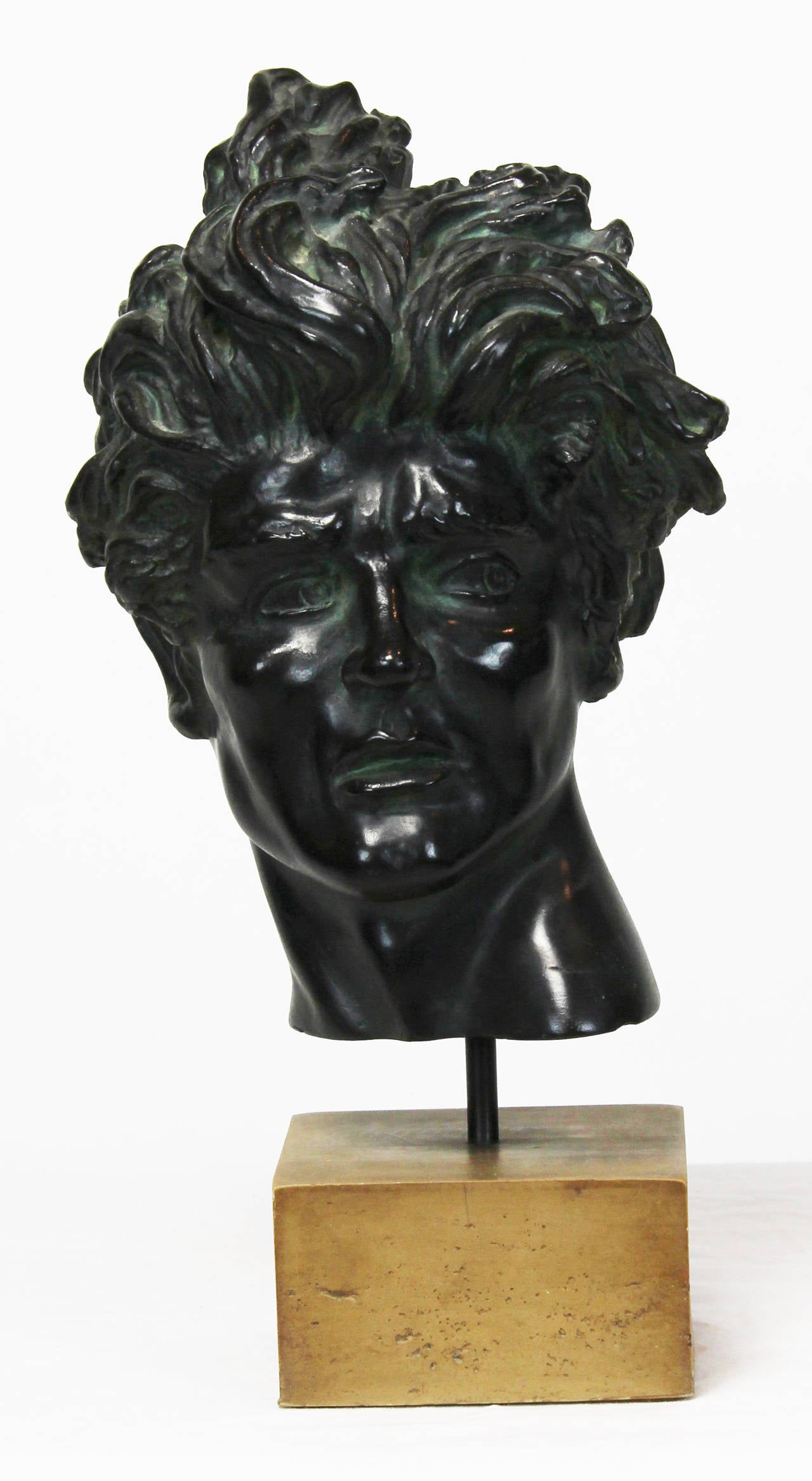 Classical sculpture of Heroic Head in bronzed resin on cube by Edward Melcarth signed and dated 1968