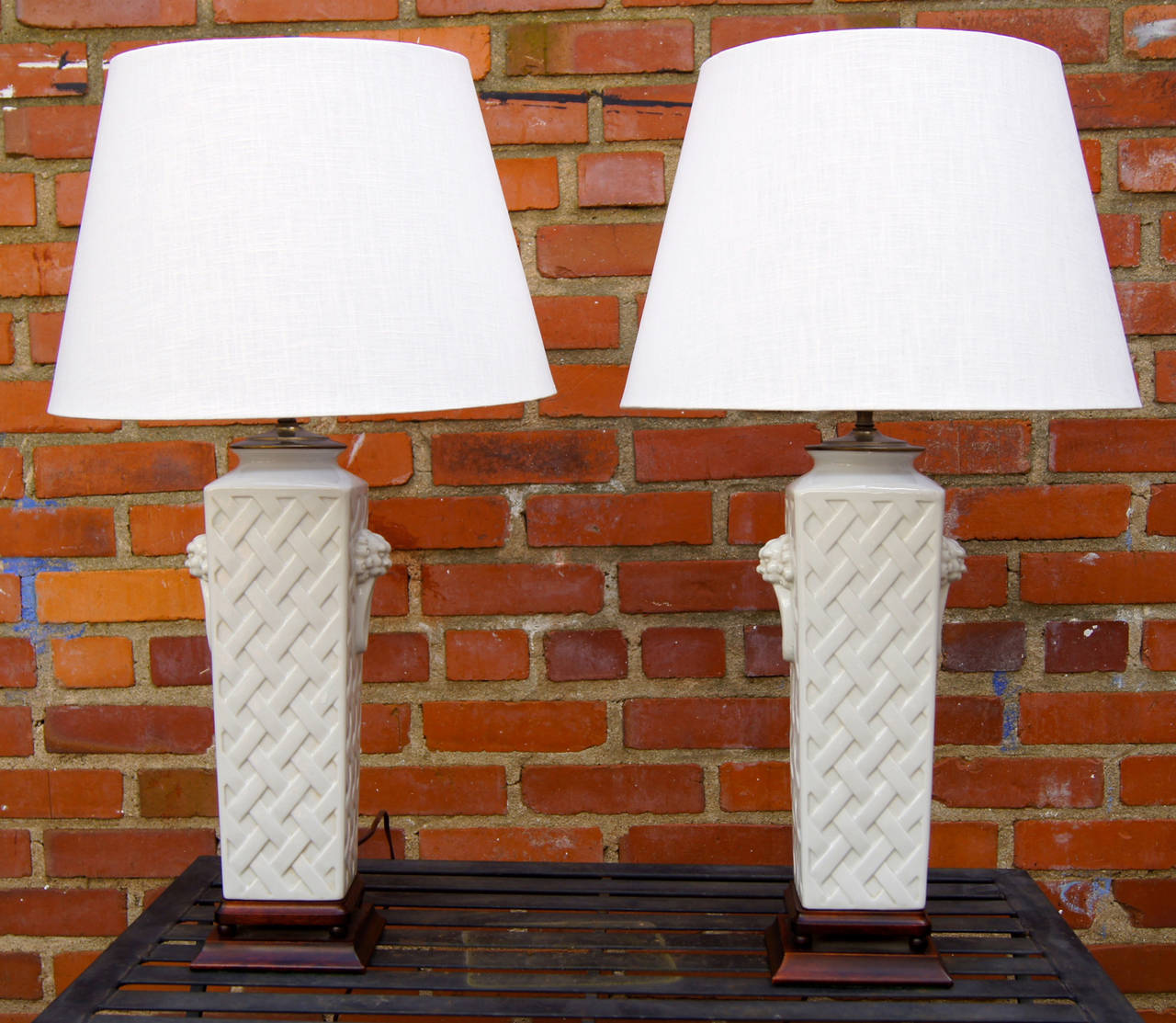 Italian Pair of Ceramic Latticework Lamps