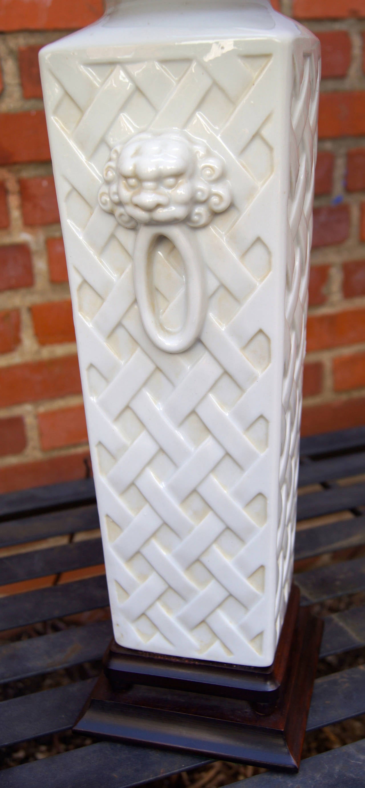 Glazed Pair of Ceramic Latticework Lamps