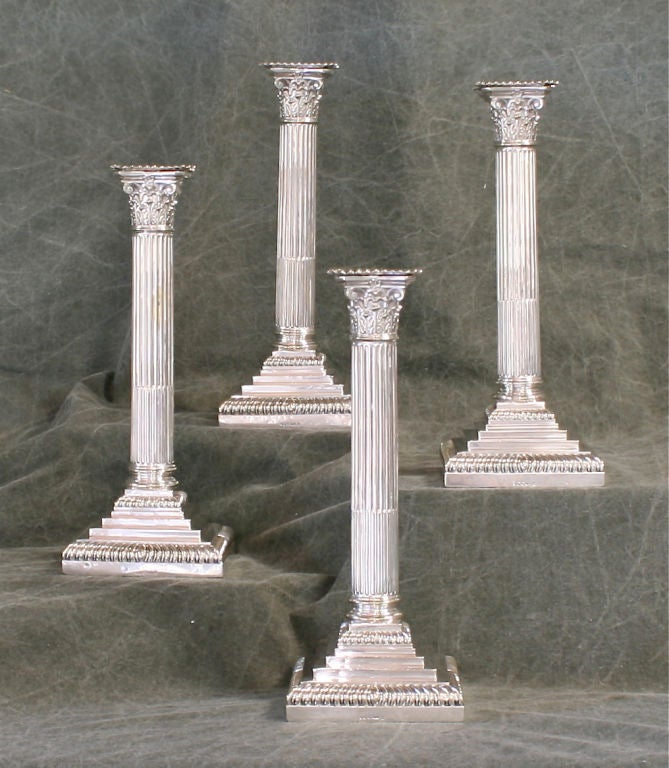 English Set of 4 Sterling Silver Corinthian Column Candlesticks