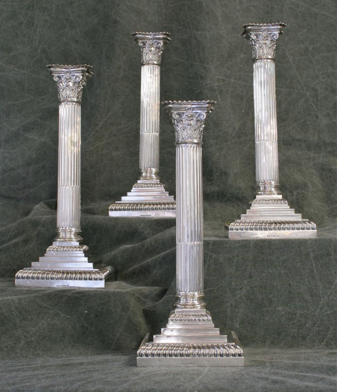 Set of 4 Sterling Silver Corinthian Column Candlesticks In Excellent Condition In Kilmarnock, VA