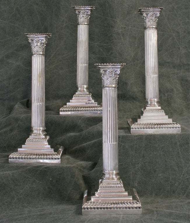 19th Century Set of 4 Sterling Silver Corinthian Column Candlesticks