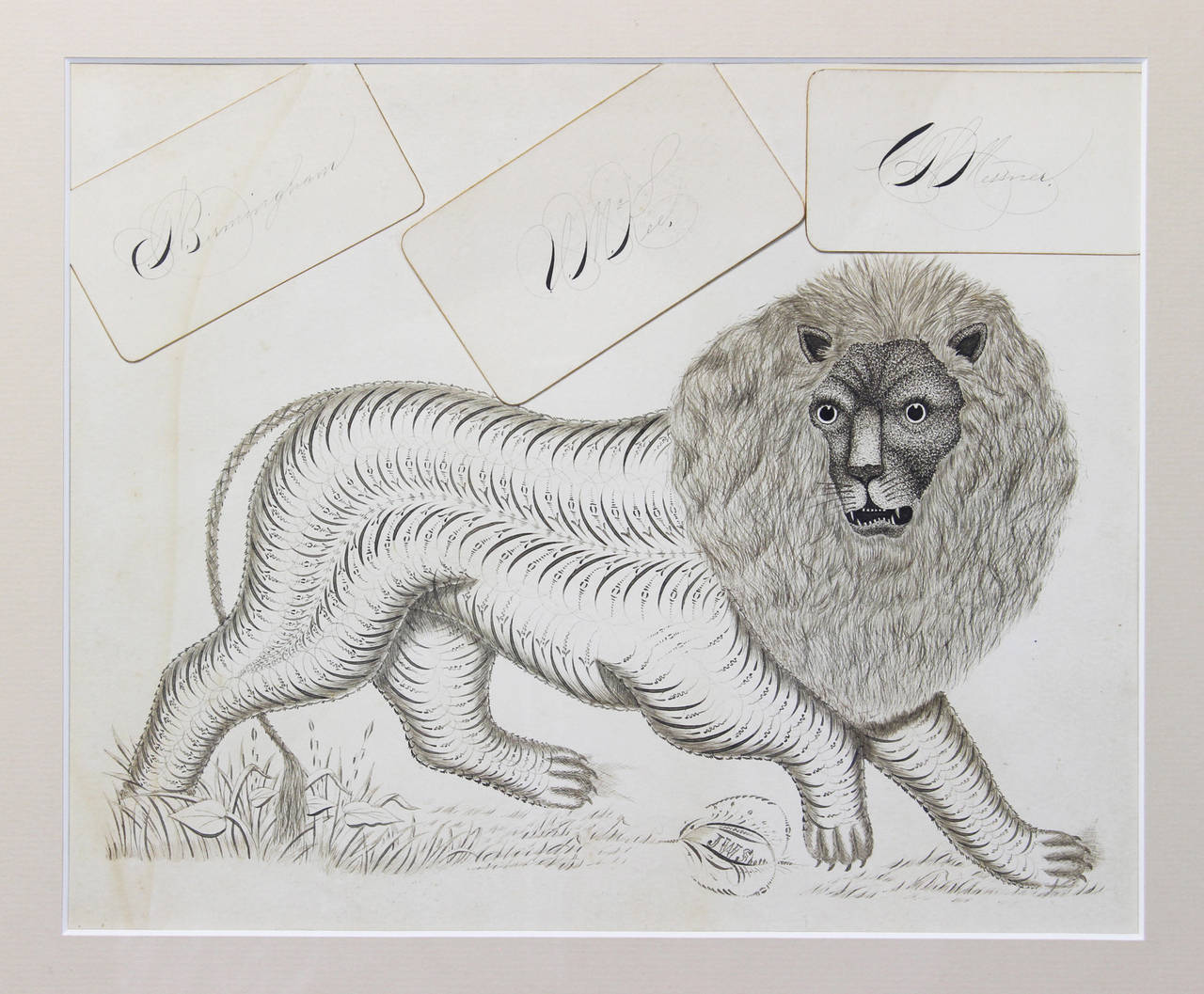 A charming mid-19th century calligraphy work lion signed by the artist.
The piece is matted on acid free paper and behind museum glass set in a burl wood frame.
