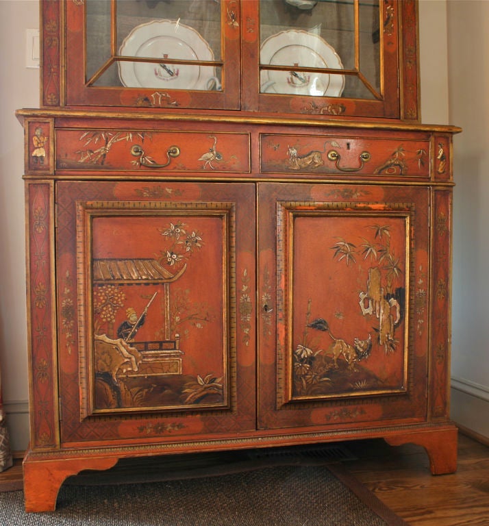 English George III Style Red Lacquered Chinoiserie Bureau Bookcase