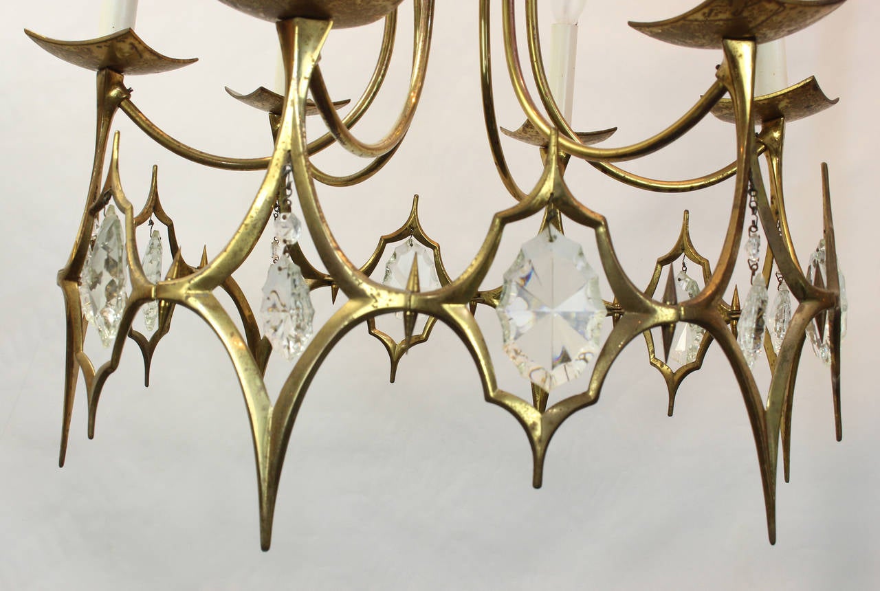 Mid-20th Century Italian Brass and Crystal Chandelier For Sale