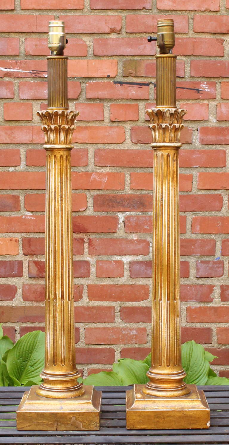 Pair Of Carved Wood Corinthian Column Table Lamps At 1stdibs Classical Roman Pair Of Carved Wood Corinthian Column Table Lamps For