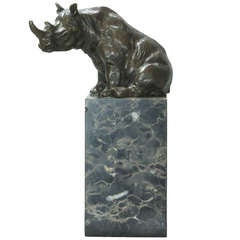 Cast Bronze Rhinoceros on Marble Base
