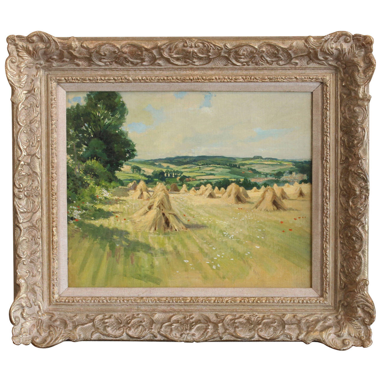 English Oil on Canvas Painting of Haystacks at 1stdibs