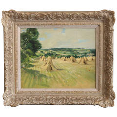 English Oil on Canvas Painting of Haystacks