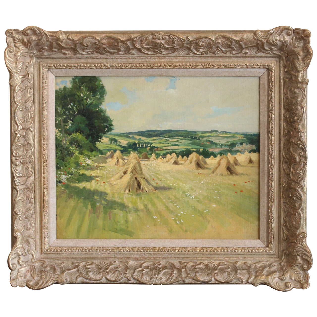 English Oil on Canvas Painting of Haystacks