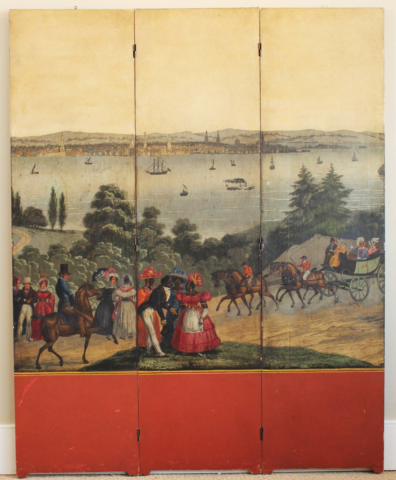 A large and colorful three panel folding screen by Zuber depicting an early 19th century American scene. The wallpaper panels have been mounted to hinged and painted boards.
