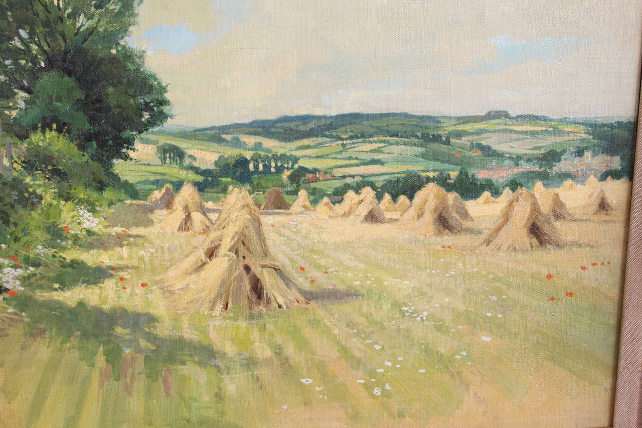 20th Century English Oil on Canvas Painting of Haystacks