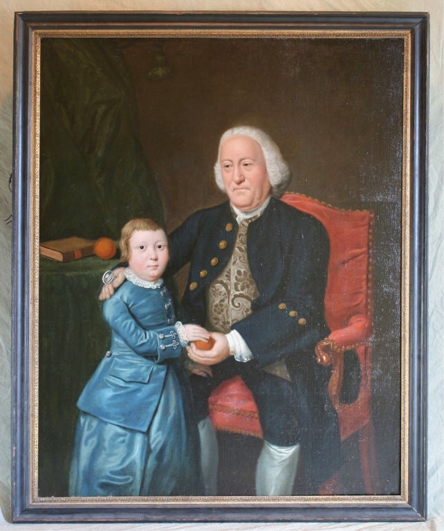 A very large English portrait of a gentleman of position with a young boy, possibly his grandchild.