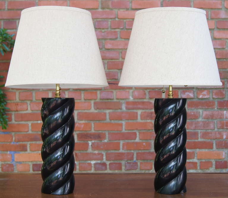 American Pair of Black Lacquered Barley Twist Table Lamps