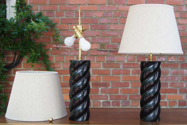 Carved Pair of Black Lacquered Barley Twist Table Lamps