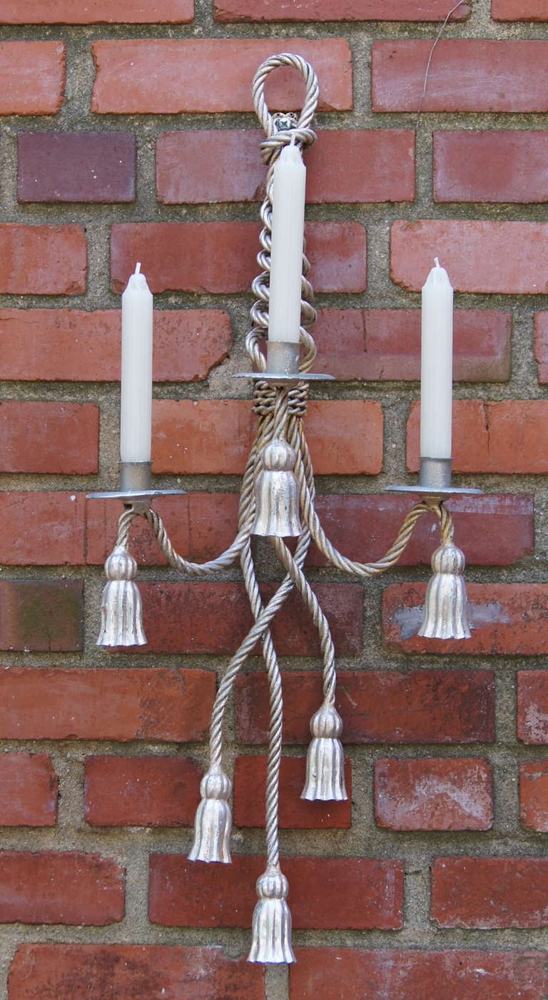Silver Leaf Rope and Tassel Sconces In Excellent Condition For Sale In Kilmarnock, VA