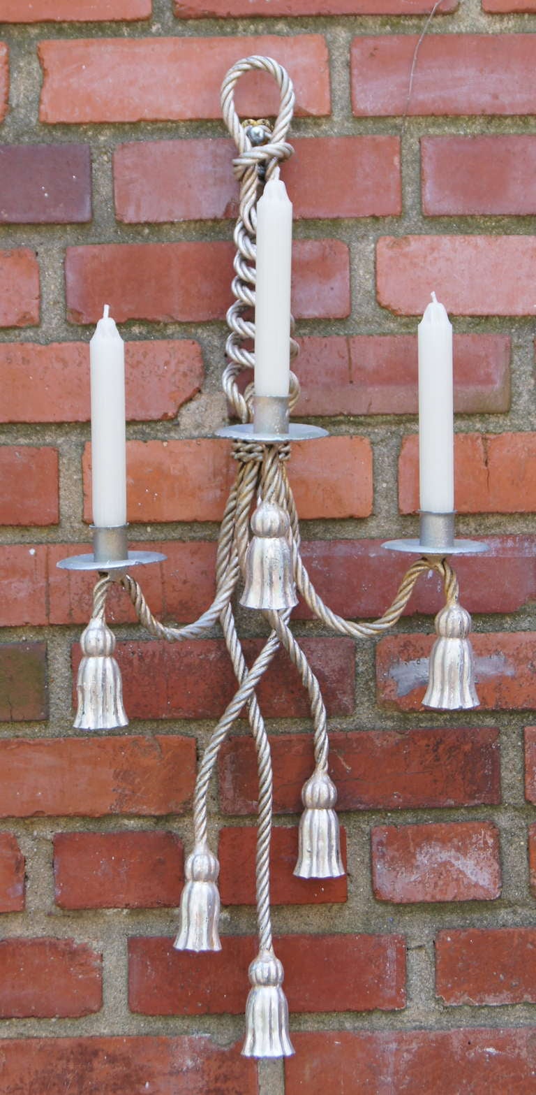 Mid-20th Century Silver Leaf Rope and Tassel Sconces For Sale