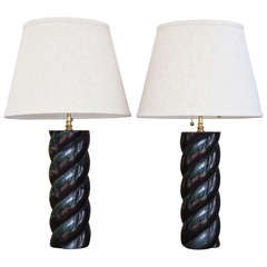 Pair of Black Lacquered Barley Twist Table Lamps