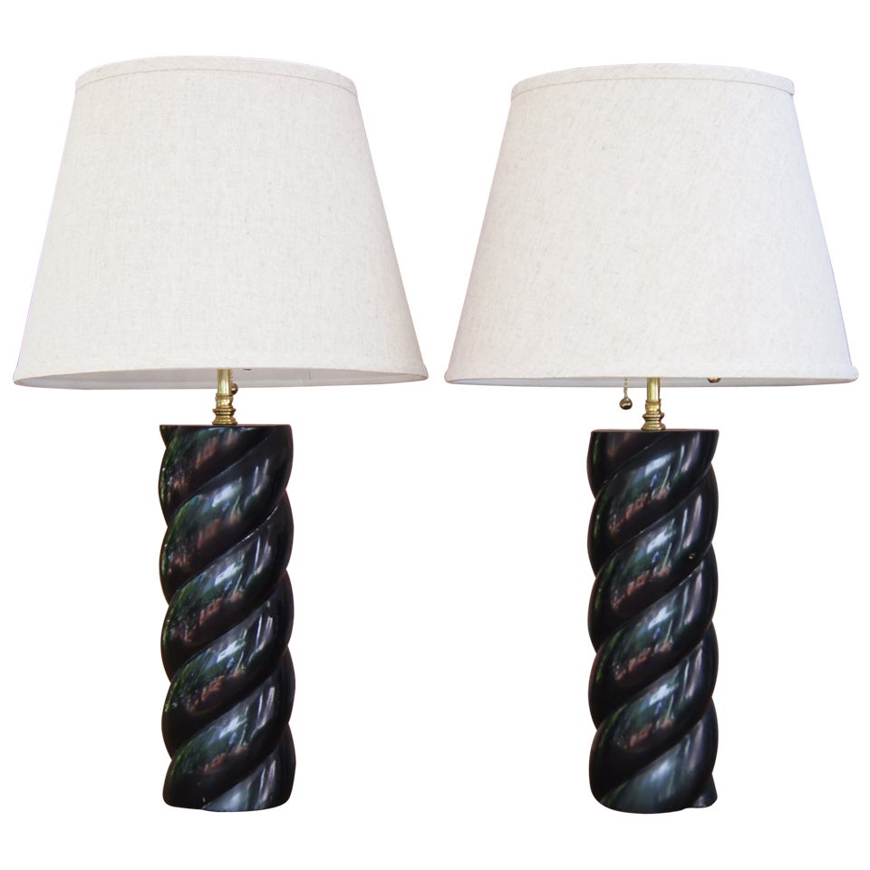 Pair of Black Lacquered Barley Twist Table Lamps