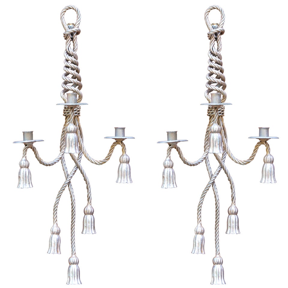 Silver Leaf Rope and Tassel Sconces For Sale
