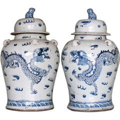 Pair of Large Chinese Blue & White Covered Jars