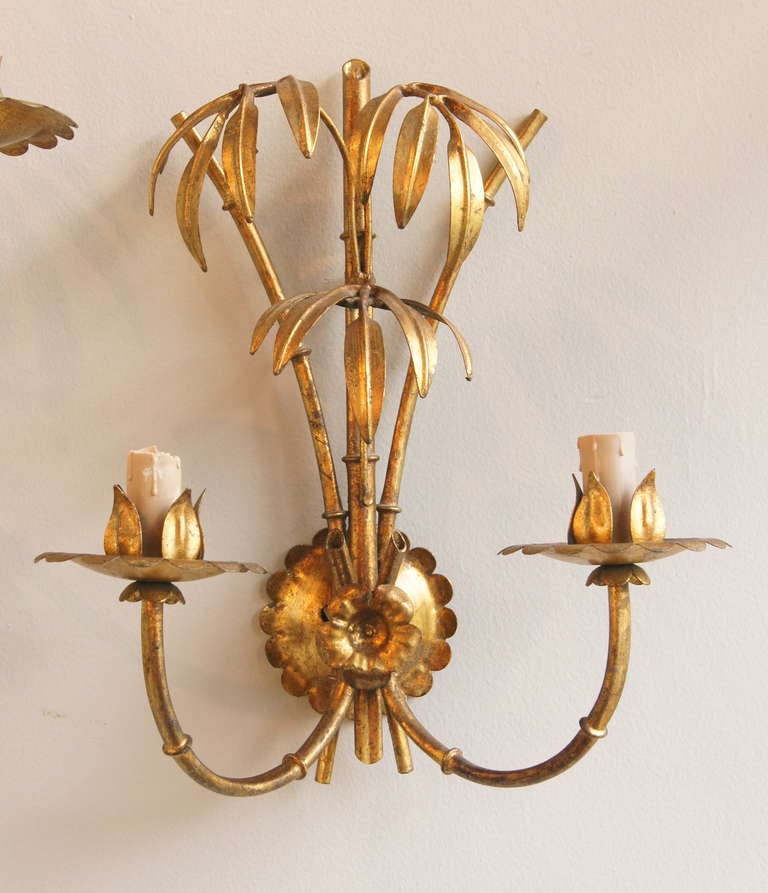 Hollywood Regency Pair of Italian Gilt-metal Faux Bamboo Wall Sconces