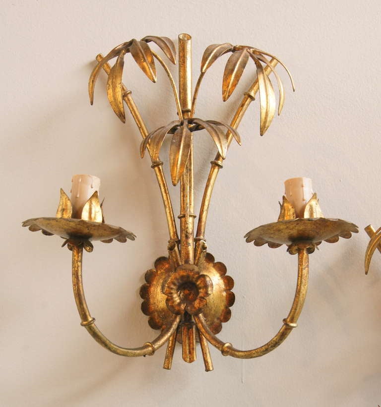Pair of Italian Gilt-metal Faux Bamboo Wall Sconces In Excellent Condition In Kilmarnock, VA