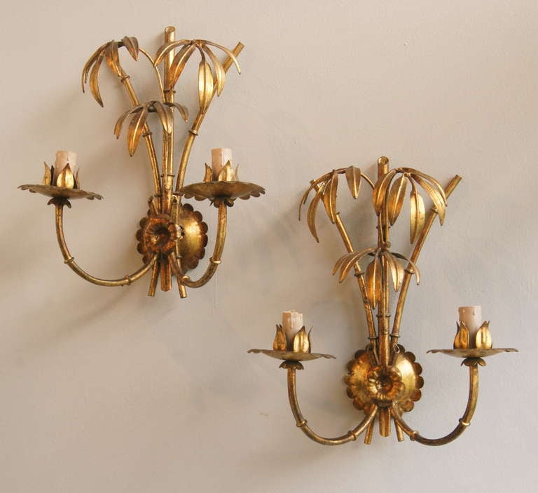 Mid-20th Century Pair of Italian Gilt-metal Faux Bamboo Wall Sconces