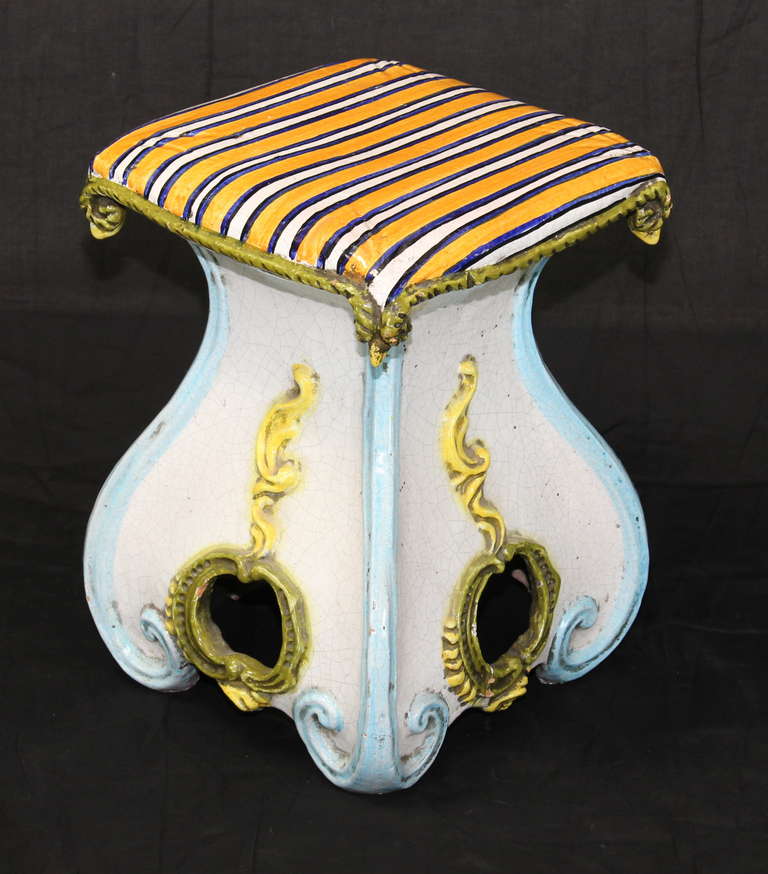 A whimsical hand-painted glazed ceramic garden stool dating from the 1960's.
