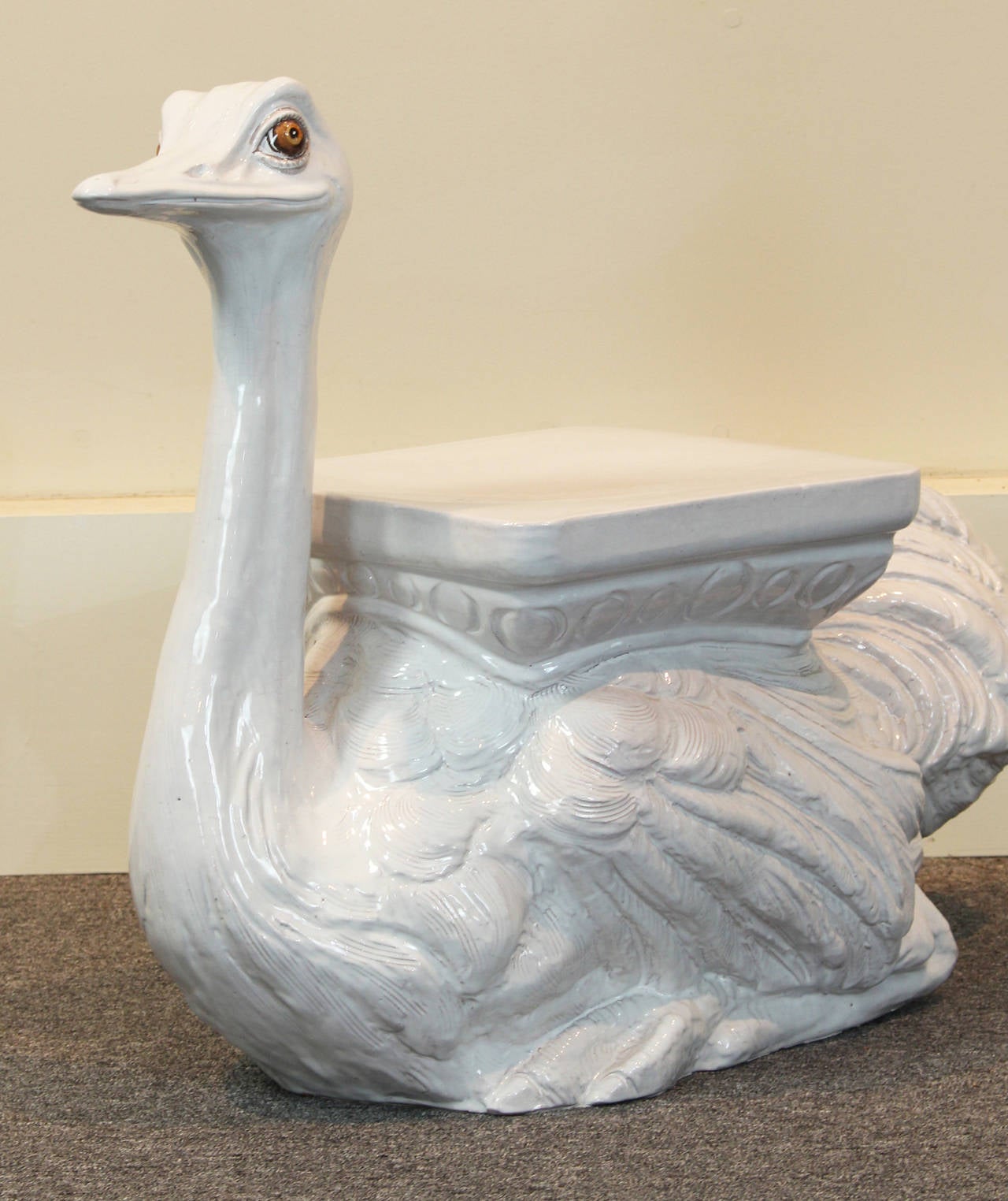 A fabulous vintage hand-painted Italian ceramic sculptural ostrich garden seat dating from the 1960s.