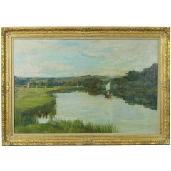 Oil on Canvas Painting of a Sailboat on a Pond