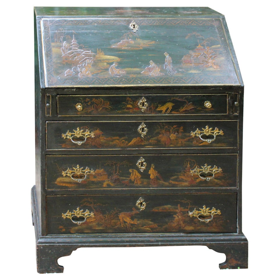 English George III Style Green Lacqured Chinoiserie Secretary