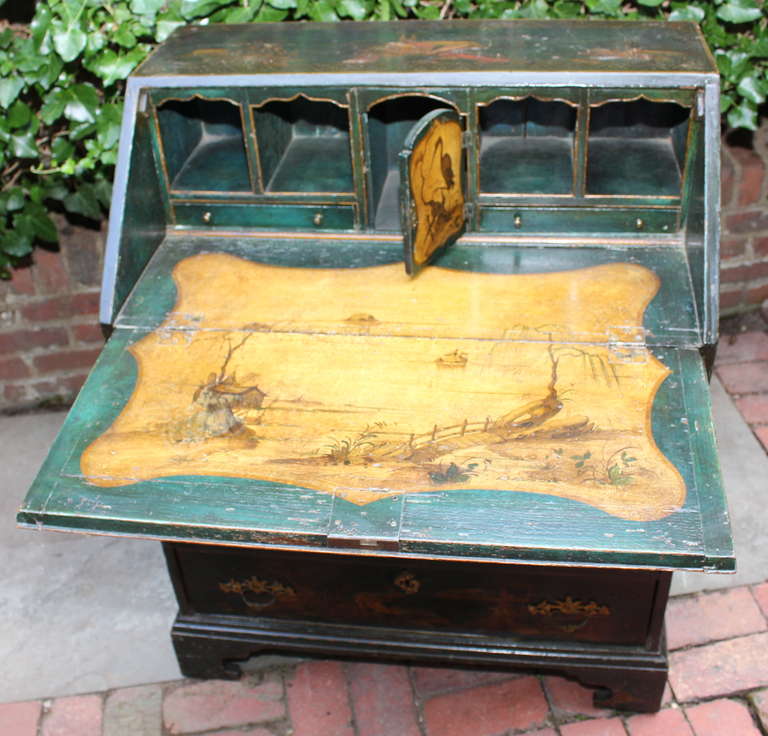 Lacquered English George III Style Green Lacqured Chinoiserie Secretary