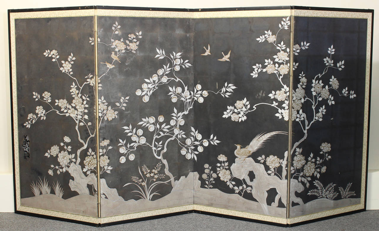 Large Antique Japanese Folding Screen Painting In Excellent Condition In Kilmarnock, VA