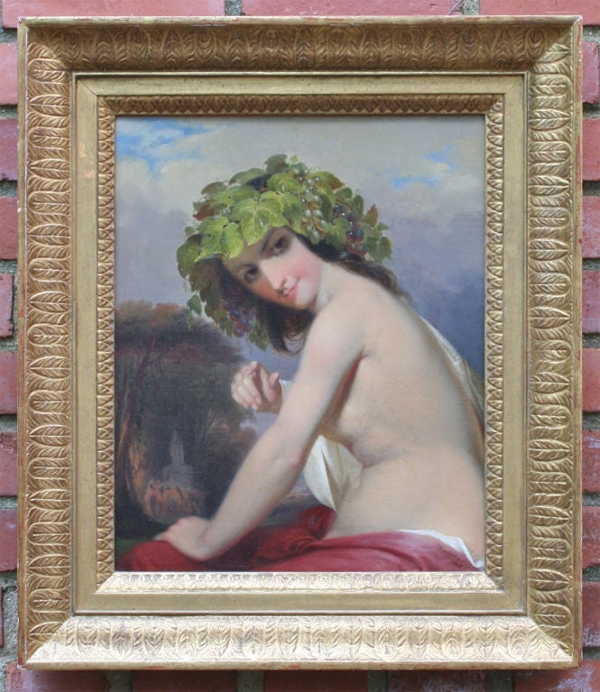A beautifully painted oil on canvas portrait of a wine nymph or goddess in a landscape. Her head is encircled with grape vines. Signed and dated, 