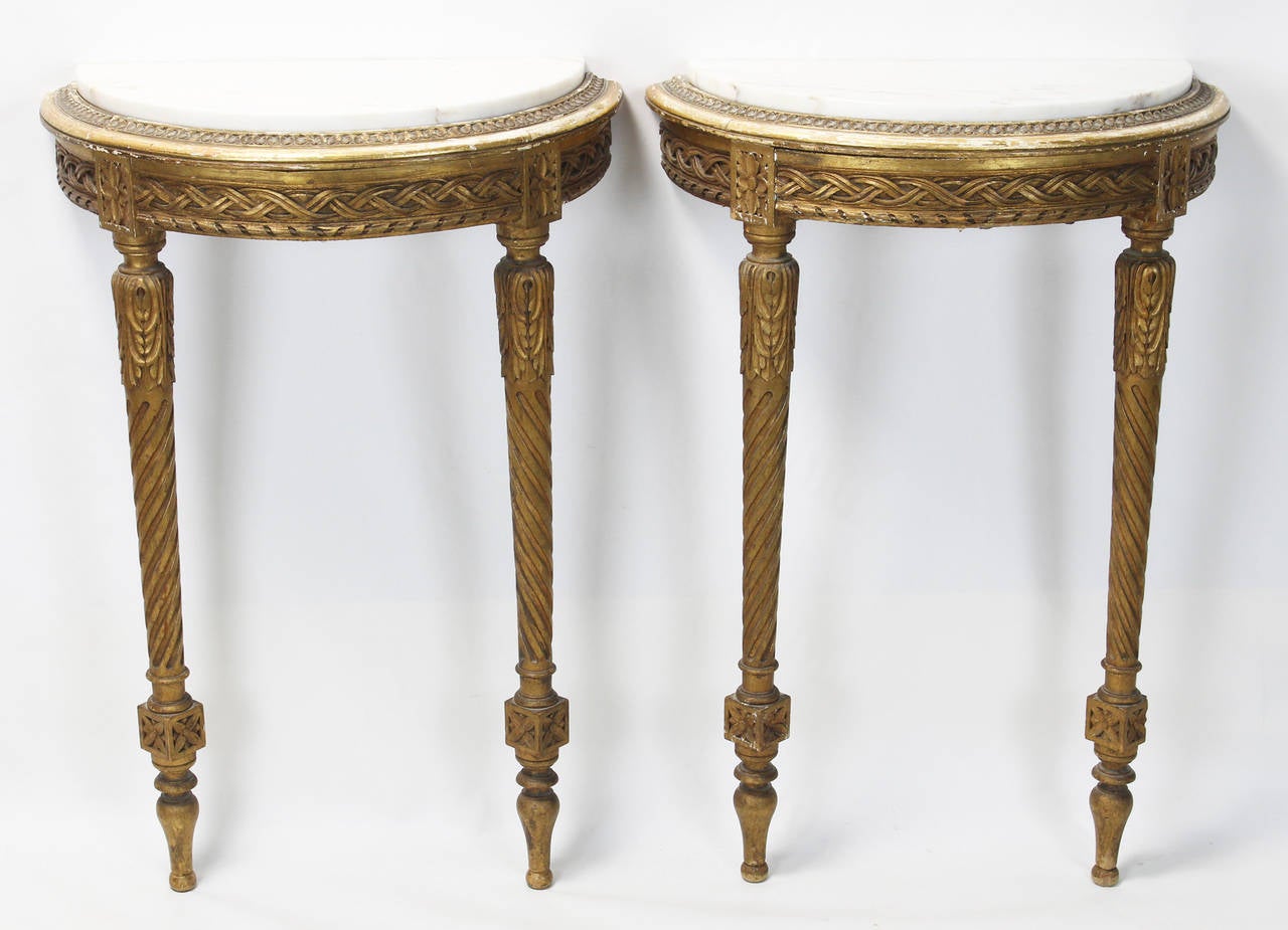 Carved Pair of 19th Century French Demilune Console Tables