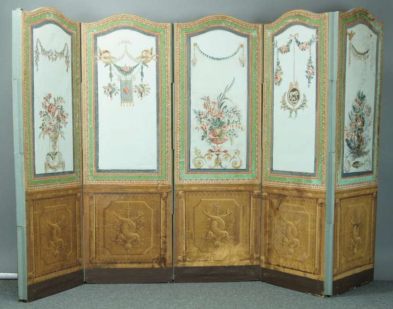 A large and decorative six-panel screen painted in the middle of the 19th century. The painting style is reminiscent of the 18th century with urns overflowing with flowers and foliage. The back is painted (probably at a later date) in a simple faux