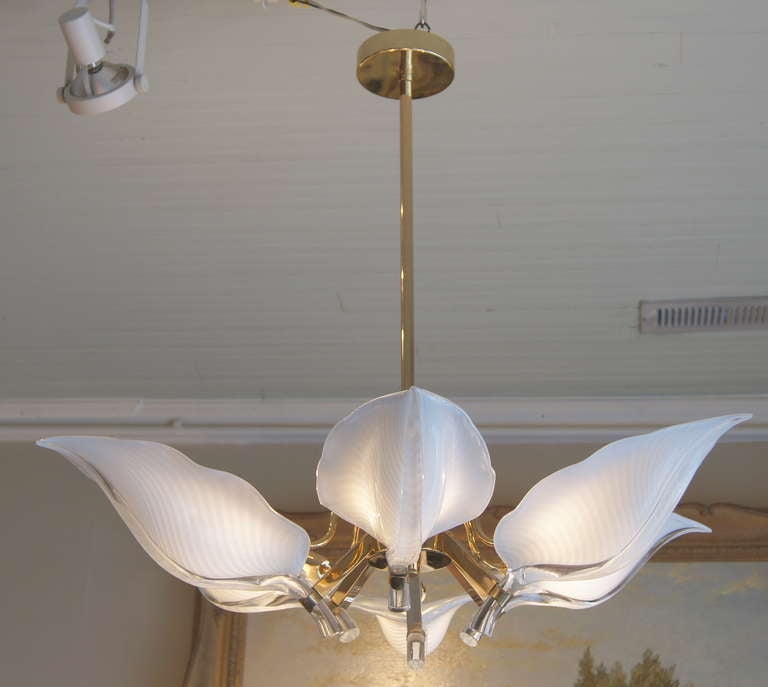 A Morano glass chandelier designed by Franco Luce in the 1970's. The graceful art glass, hand blown, stylized leaves are set in 24k gold plated hardware.