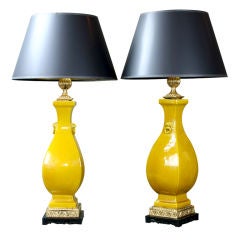 Pair of Glazed Ceramic Chinese Baluster Shaped Lamps