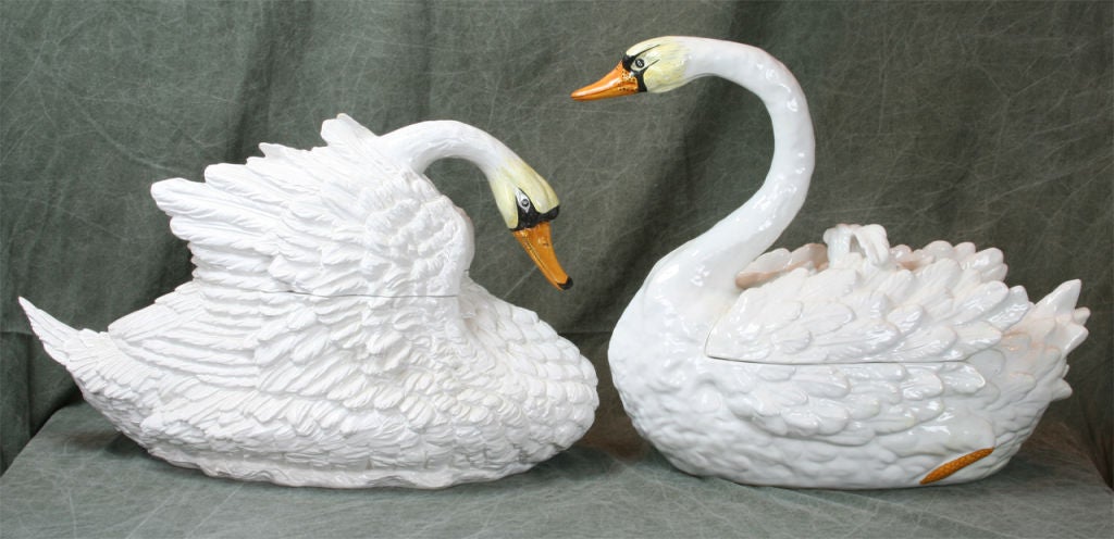 Mid-20th Century Pair of Italian Glazed Ceramic Swan Tureens