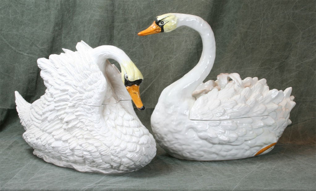 Pair of Italian Glazed Ceramic Swan Tureens 1