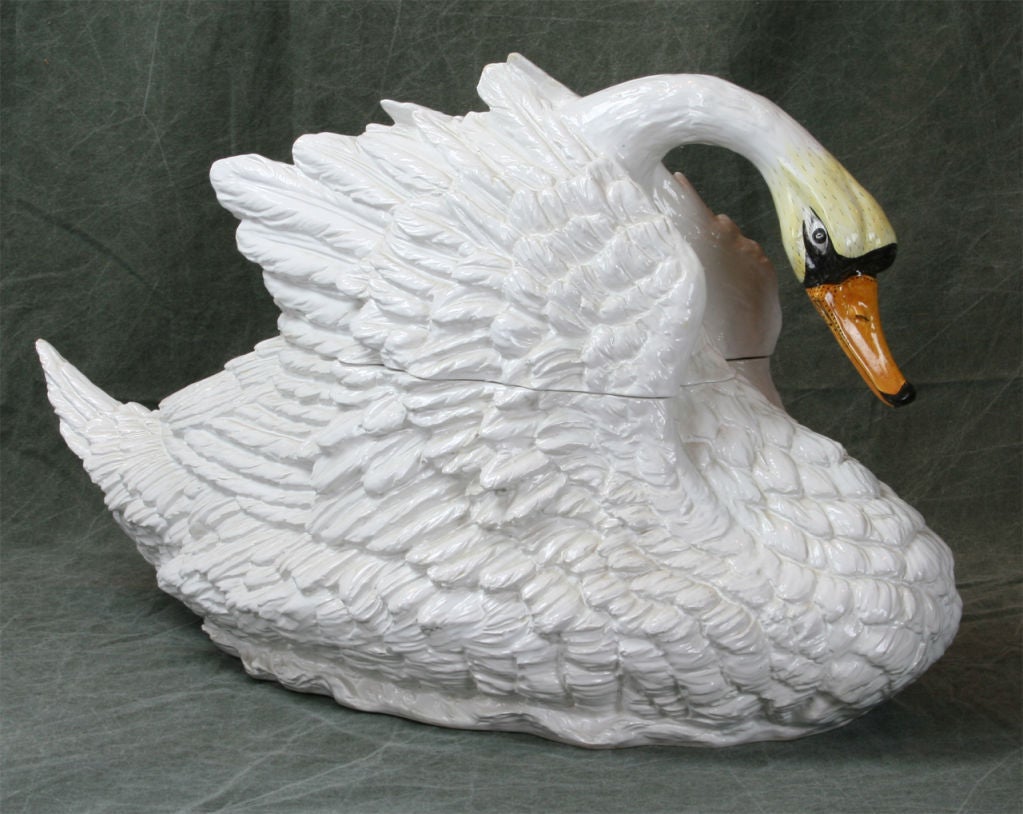 Pair of Italian Glazed Ceramic Swan Tureens 2