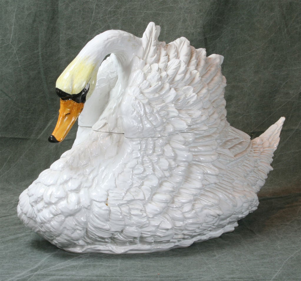Pair of Italian Glazed Ceramic Swan Tureens 3