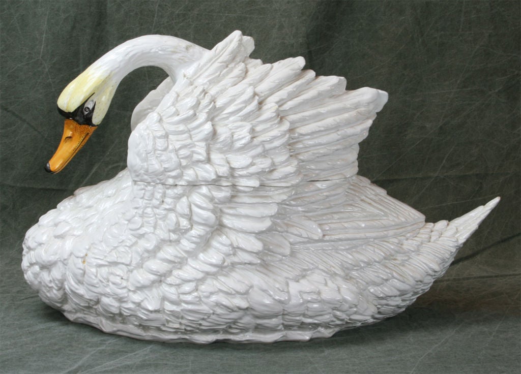 Pair of Italian Glazed Ceramic Swan Tureens 4
