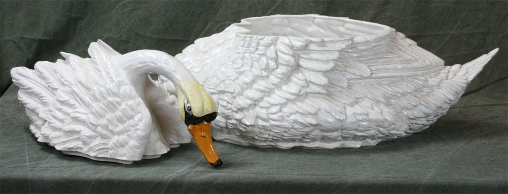 Pair of Italian Glazed Ceramic Swan Tureens 5